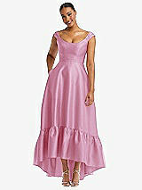 Front View Thumbnail - Powder Pink Cap Sleeve Deep Ruffle Hem Satin High Low Dress with Pockets