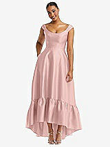 Front View Thumbnail - Rose - PANTONE Rose Quartz Cap Sleeve Deep Ruffle Hem Satin High Low Dress with Pockets
