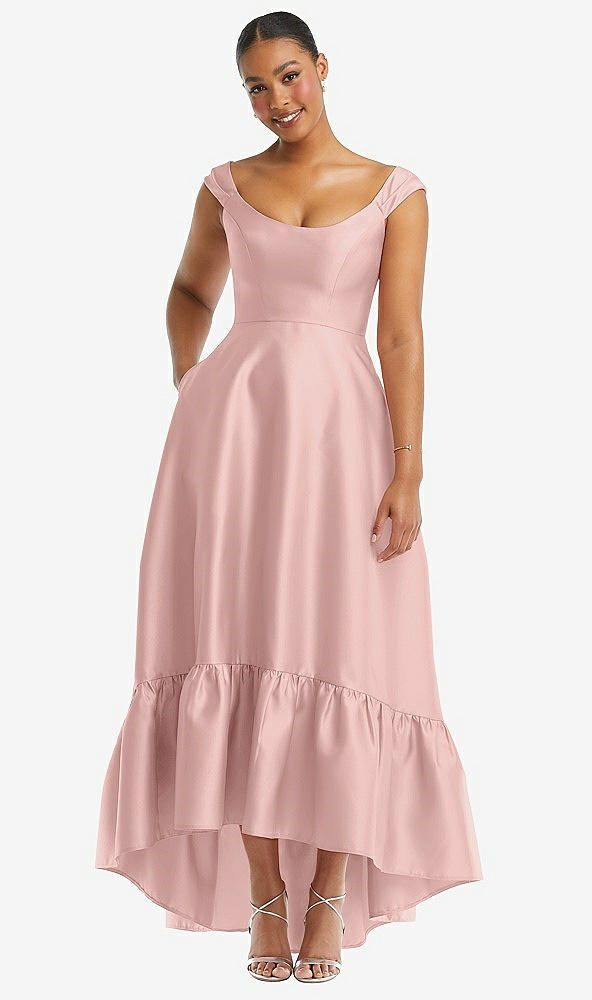 Front View - Rose - PANTONE Rose Quartz Cap Sleeve Deep Ruffle Hem Satin High Low Dress with Pockets