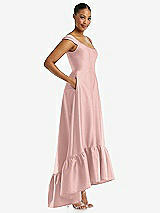 Side View Thumbnail - Rose - PANTONE Rose Quartz Cap Sleeve Deep Ruffle Hem Satin High Low Dress with Pockets