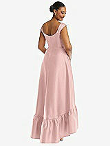 Rear View Thumbnail - Rose - PANTONE Rose Quartz Cap Sleeve Deep Ruffle Hem Satin High Low Dress with Pockets