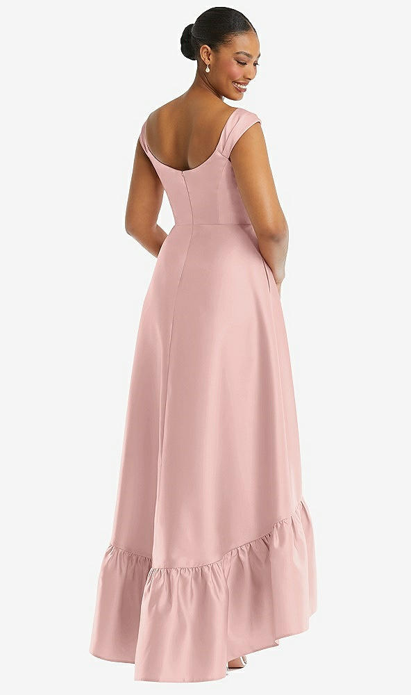Back View - Rose - PANTONE Rose Quartz Cap Sleeve Deep Ruffle Hem Satin High Low Dress with Pockets