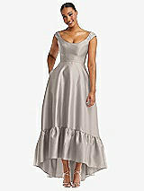 Front View Thumbnail - Taupe Cap Sleeve Deep Ruffle Hem Satin High Low Dress with Pockets
