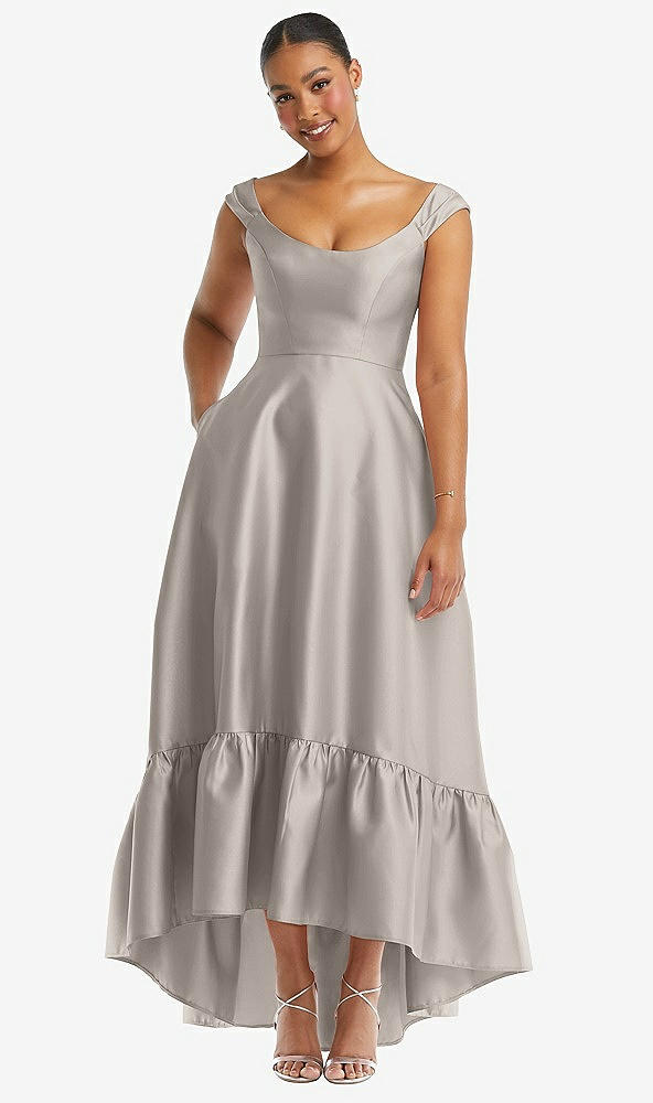 Front View - Taupe Cap Sleeve Deep Ruffle Hem Satin High Low Dress with Pockets