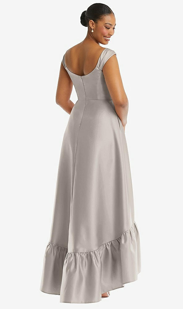 Back View - Taupe Cap Sleeve Deep Ruffle Hem Satin High Low Dress with Pockets
