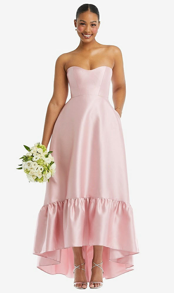 Front View - French Blue Strapless Deep Ruffle Hem Satin High Low Dress with Pockets