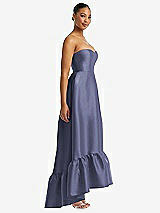 Side View Thumbnail - French Blue Strapless Deep Ruffle Hem Satin High Low Dress with Pockets