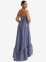 Rear View Thumbnail - French Blue Strapless Deep Ruffle Hem Satin High Low Dress with Pockets
