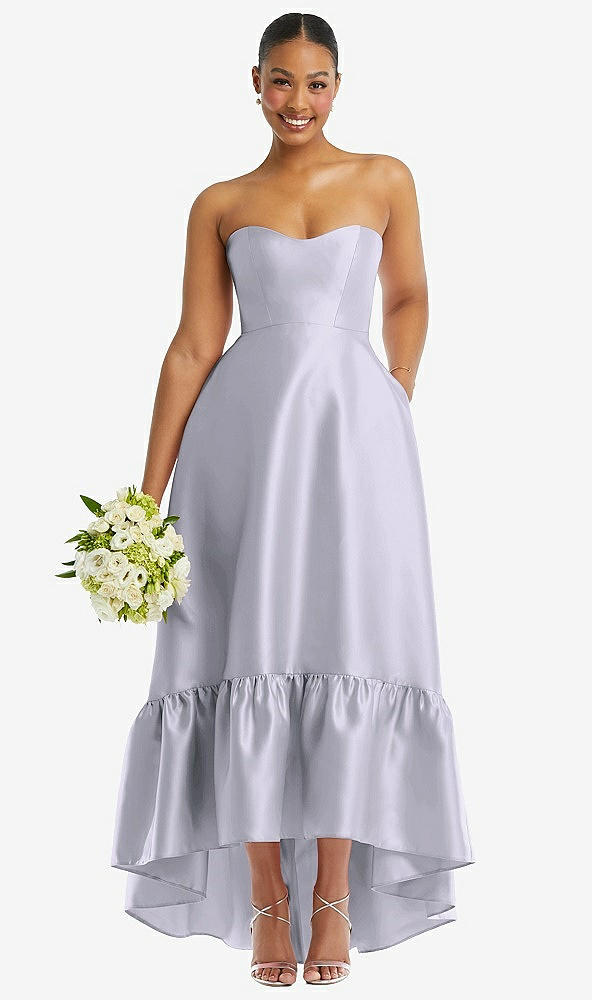 Front View - Silver Dove Strapless Deep Ruffle Hem Satin High Low Dress with Pockets