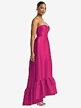 Side View Thumbnail - Think Pink Strapless Deep Ruffle Hem Satin High Low Dress with Pockets