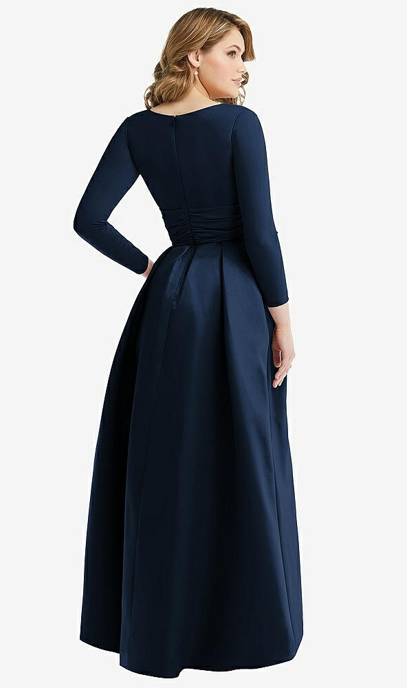 Back View - Midnight Navy & Midnight Navy Long Sleeve Wrap Dress with High Low Full Skirt and Pockets