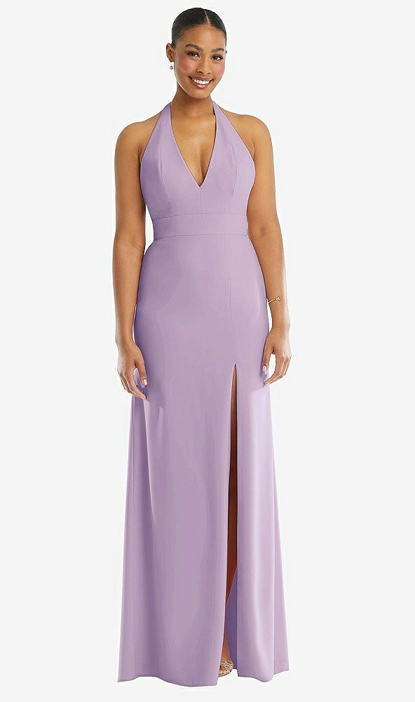 Front View - Pale Purple Plunge Neck Halter Backless Trumpet Gown with Front Slit