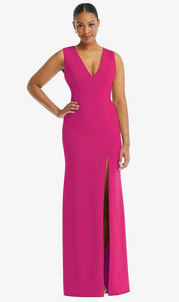 Front View - Think Pink Deep V-Neck Closed Back Crepe Trumpet Gown with Front Slit