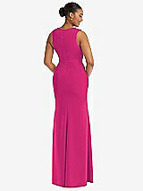 Rear View Thumbnail - Think Pink Deep V-Neck Closed Back Crepe Trumpet Gown with Front Slit