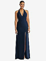 Front View Thumbnail - Midnight Navy Plunge Neck Halter Backless Trumpet Gown with Front Slit