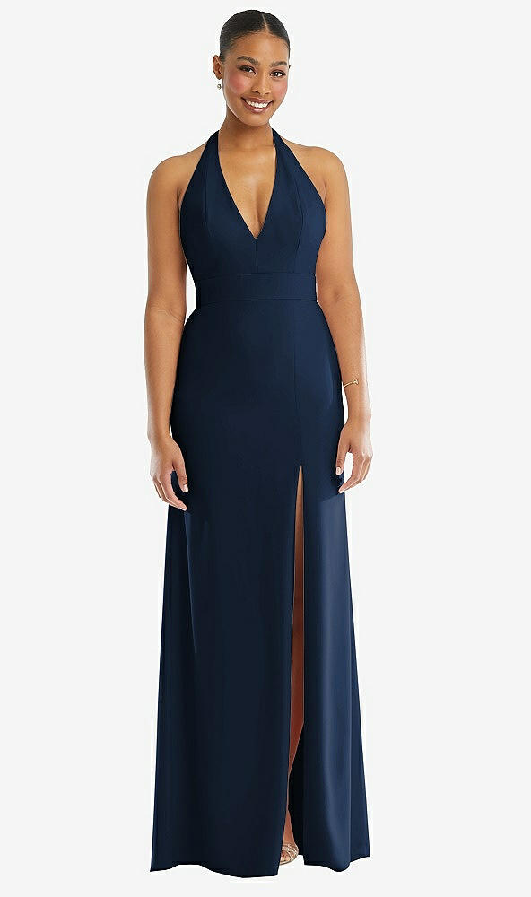 Front View - Midnight Navy Plunge Neck Halter Backless Trumpet Gown with Front Slit