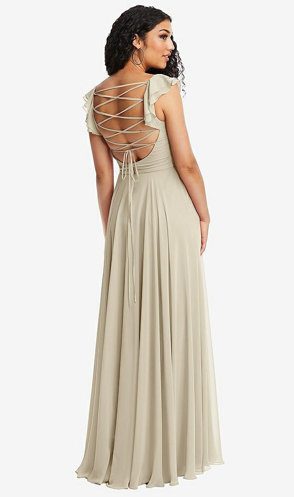Front View - Champagne Shirred Cross Bodice Lace Up Open-Back Maxi Dress with Flutter Sleeves