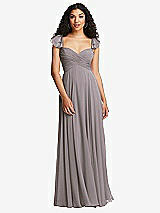 Rear View Thumbnail - Cashmere Gray Shirred Cross Bodice Lace Up Open-Back Maxi Dress with Flutter Sleeves
