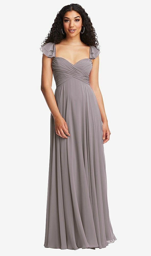 Back View - Cashmere Gray Shirred Cross Bodice Lace Up Open-Back Maxi Dress with Flutter Sleeves