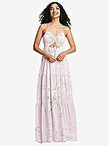 Front View Thumbnail - Watercolor Print Drawstring Bodice Gathered Tie Open-Back Maxi Dress with Tiered Skirt