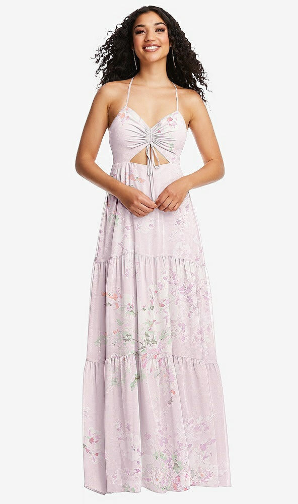 Front View - Watercolor Print Drawstring Bodice Gathered Tie Open-Back Maxi Dress with Tiered Skirt