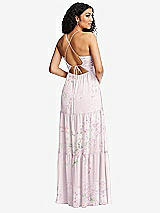 Rear View Thumbnail - Watercolor Print Drawstring Bodice Gathered Tie Open-Back Maxi Dress with Tiered Skirt