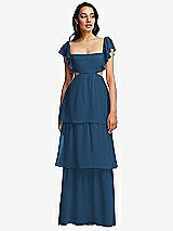 Front View Thumbnail - Dusk Blue Flutter Sleeve Cutout Tie-Back Maxi Dress with Tiered Ruffle Skirt