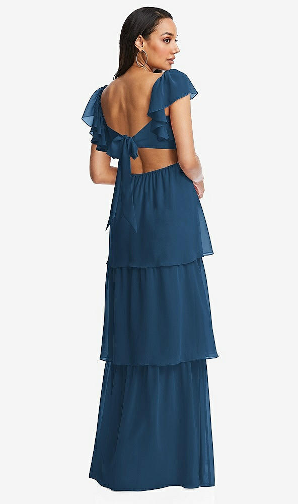 Back View - Dusk Blue Flutter Sleeve Cutout Tie-Back Maxi Dress with Tiered Ruffle Skirt