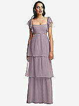 Front View Thumbnail - Lilac Dusk Flutter Sleeve Cutout Tie-Back Maxi Dress with Tiered Ruffle Skirt