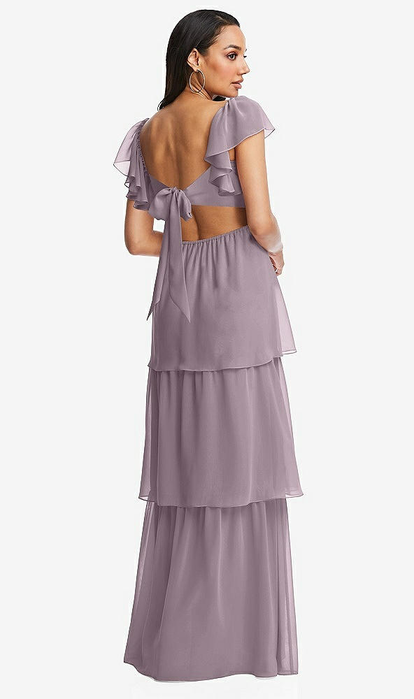 Back View - Lilac Dusk Flutter Sleeve Cutout Tie-Back Maxi Dress with Tiered Ruffle Skirt