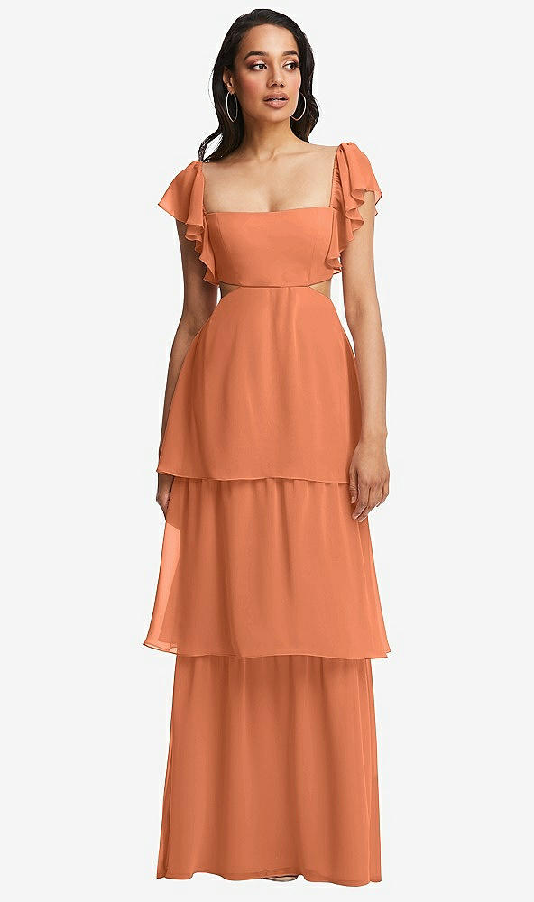 Front View - Sweet Melon Flutter Sleeve Cutout Tie-Back Maxi Dress with Tiered Ruffle Skirt