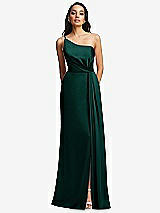 Front View Thumbnail - Evergreen One-Shoulder Draped Skirt Satin Trumpet Gown