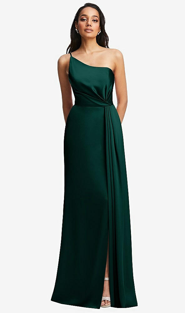 Front View - Evergreen One-Shoulder Draped Skirt Satin Trumpet Gown