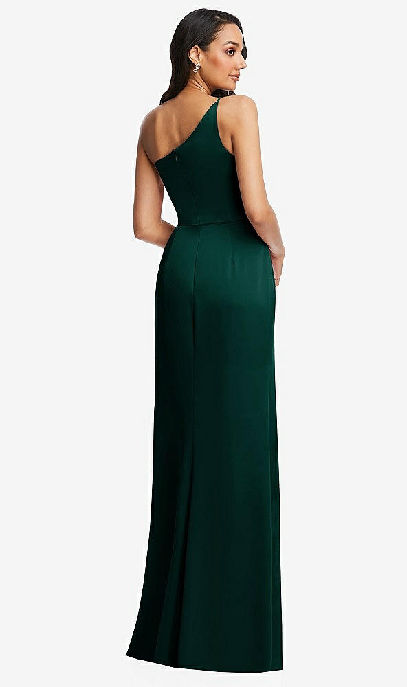 Back View - Evergreen One-Shoulder Draped Skirt Satin Trumpet Gown