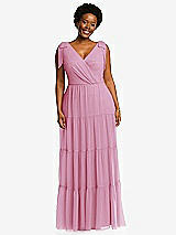 Alt View 1 Thumbnail - Powder Pink Bow-Shoulder Faux Wrap Maxi Dress with Tiered Skirt