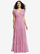 Front View Thumbnail - Powder Pink Bow-Shoulder Faux Wrap Maxi Dress with Tiered Skirt