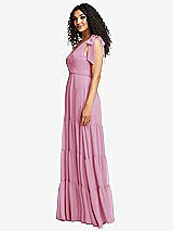 Side View Thumbnail - Powder Pink Bow-Shoulder Faux Wrap Maxi Dress with Tiered Skirt