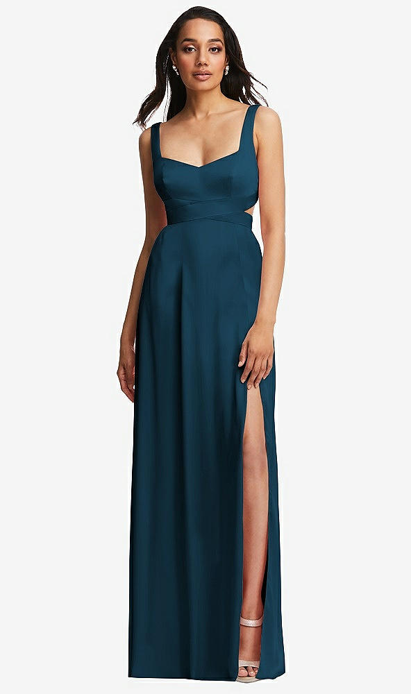 Front View - Atlantic Blue Open Neck Cross Bodice Cutout  Maxi Dress with Front Slit