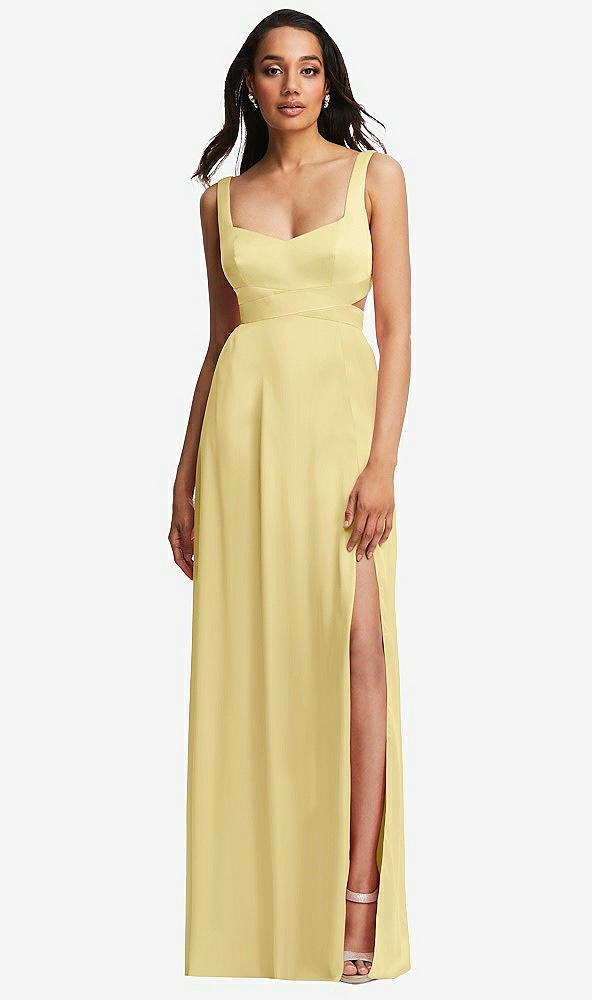 Front View - Pale Yellow Open Neck Cross Bodice Cutout  Maxi Dress with Front Slit