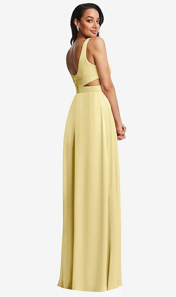 Back View - Pale Yellow Open Neck Cross Bodice Cutout  Maxi Dress with Front Slit