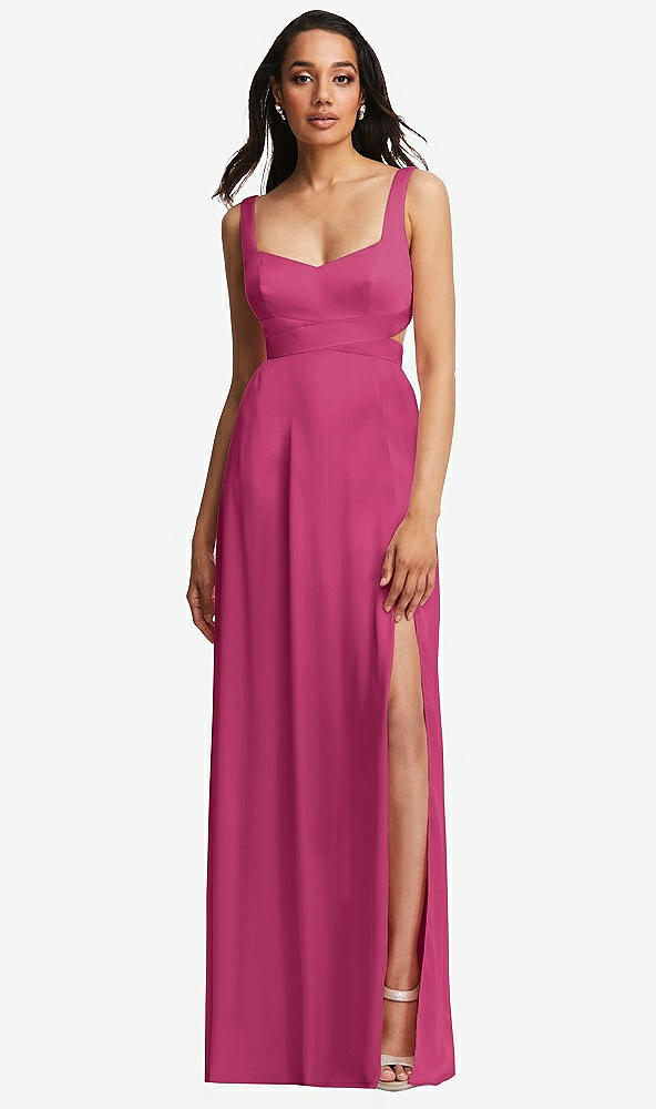Front View - Tea Rose Open Neck Cross Bodice Cutout  Maxi Dress with Front Slit
