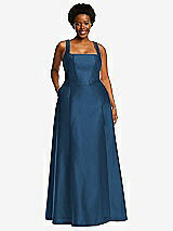Alt View 1 Thumbnail - Dusk Blue Boned Corset Closed-Back Satin Gown with Full Skirt and Pockets