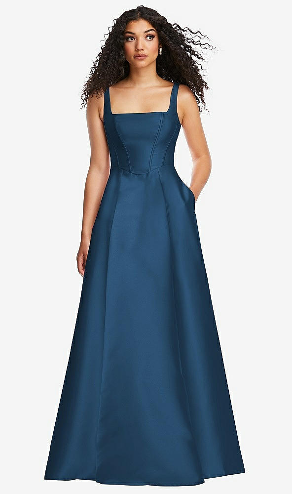 Front View - Dusk Blue Boned Corset Closed-Back Satin Gown with Full Skirt and Pockets