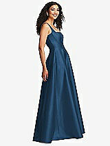 Side View Thumbnail - Dusk Blue Boned Corset Closed-Back Satin Gown with Full Skirt and Pockets