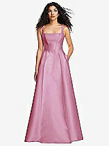 Front View Thumbnail - Powder Pink Boned Corset Closed-Back Satin Gown with Full Skirt and Pockets