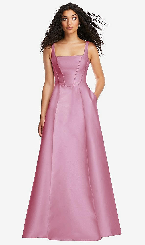 Front View - Powder Pink Boned Corset Closed-Back Satin Gown with Full Skirt and Pockets