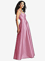 Side View Thumbnail - Powder Pink Boned Corset Closed-Back Satin Gown with Full Skirt and Pockets