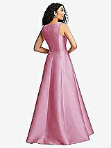 Rear View Thumbnail - Powder Pink Boned Corset Closed-Back Satin Gown with Full Skirt and Pockets