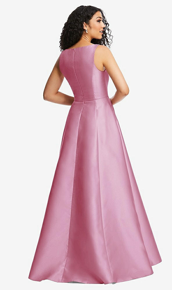 Back View - Powder Pink Boned Corset Closed-Back Satin Gown with Full Skirt and Pockets