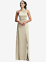 Front View Thumbnail - Champagne Shawl Collar Open-Back Halter Maxi Dress with Pockets